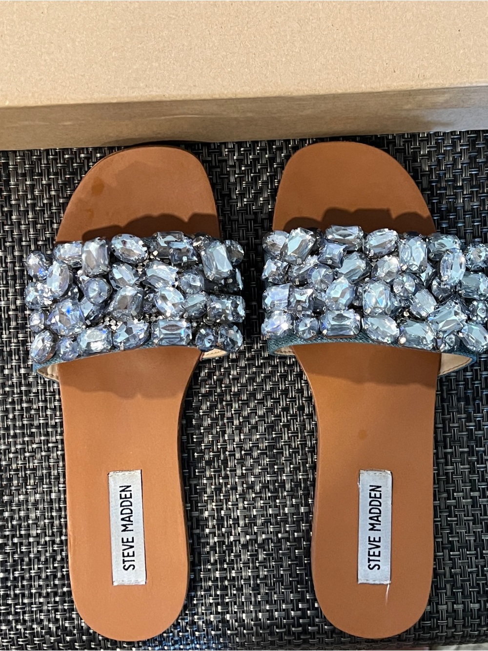Steve Madden Women's Slides in Brown Tan and Blue Crystal Embellishments